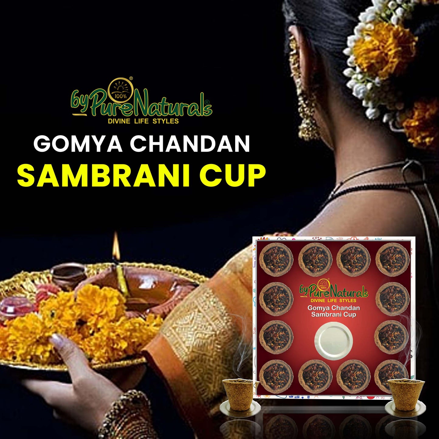 ByPureNaturals Loban and Guggal Cow Dung Sambrani Cup for Pooja - 12pcs