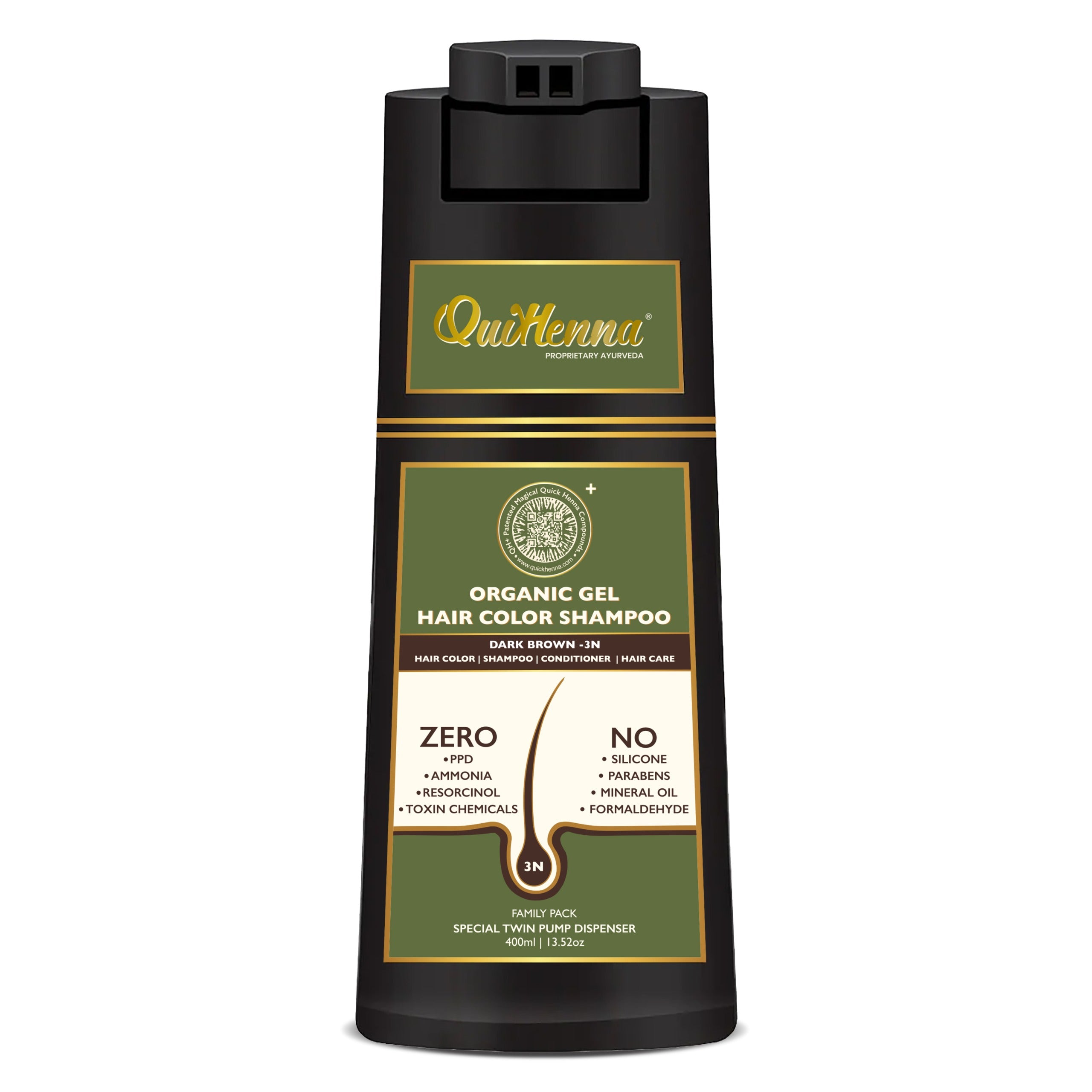 QH+ QuikHenna EVARA Organic Gel Hair Colour Shampoo- 400ml- 3N Dark Brown - BuyPureNaturals