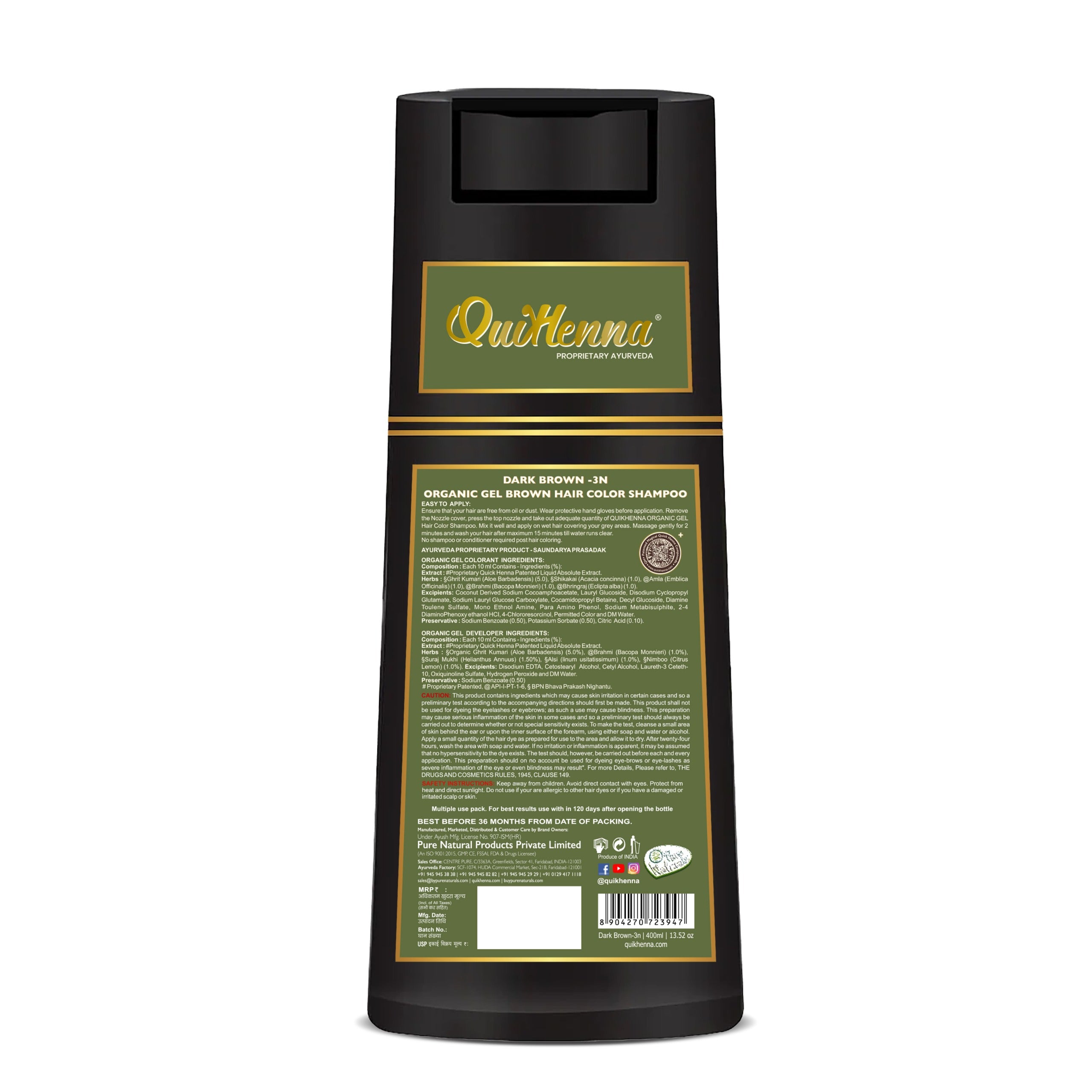 QH+ QuikHenna EVARA Organic Gel Hair Colour Shampoo- 400ml- 3N Dark Brown - BuyPureNaturals