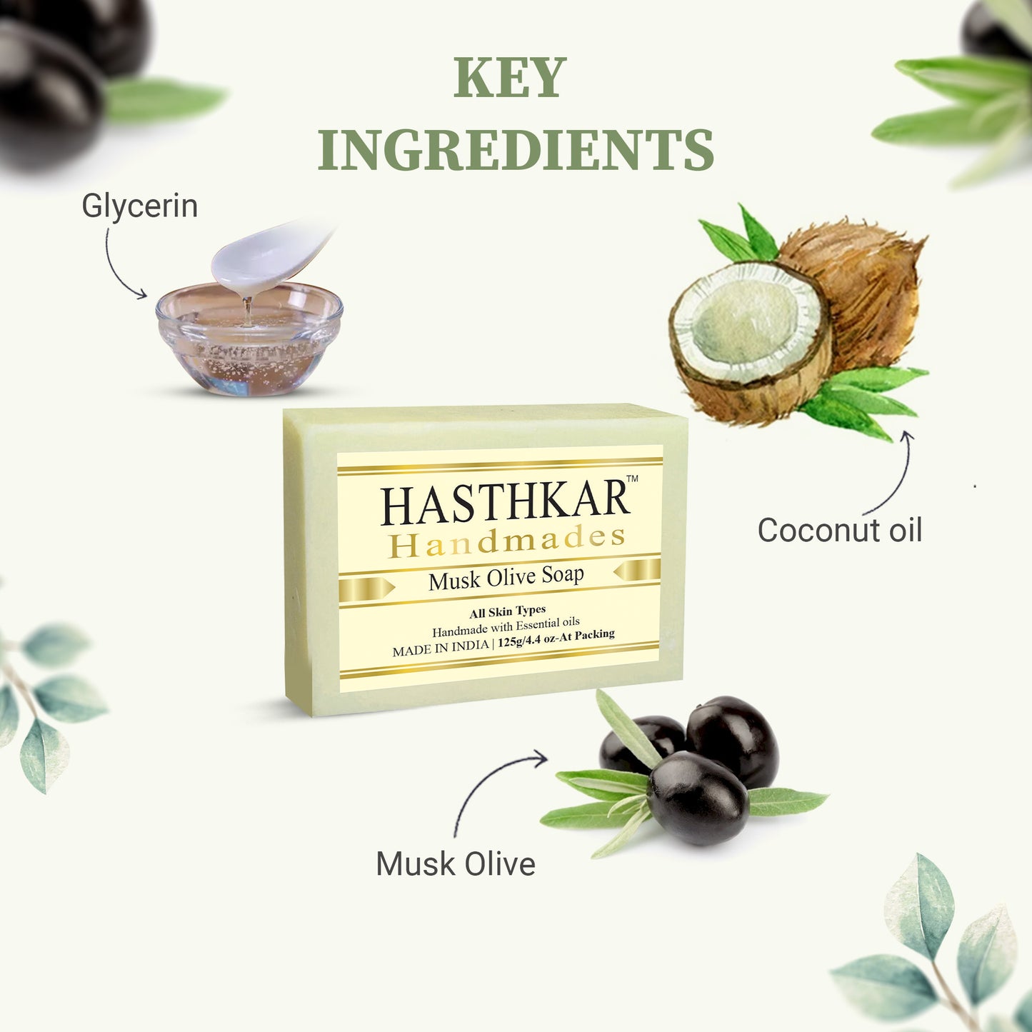 Images of Hasthkar handmades musk oilve bathing soap men women key ingredients