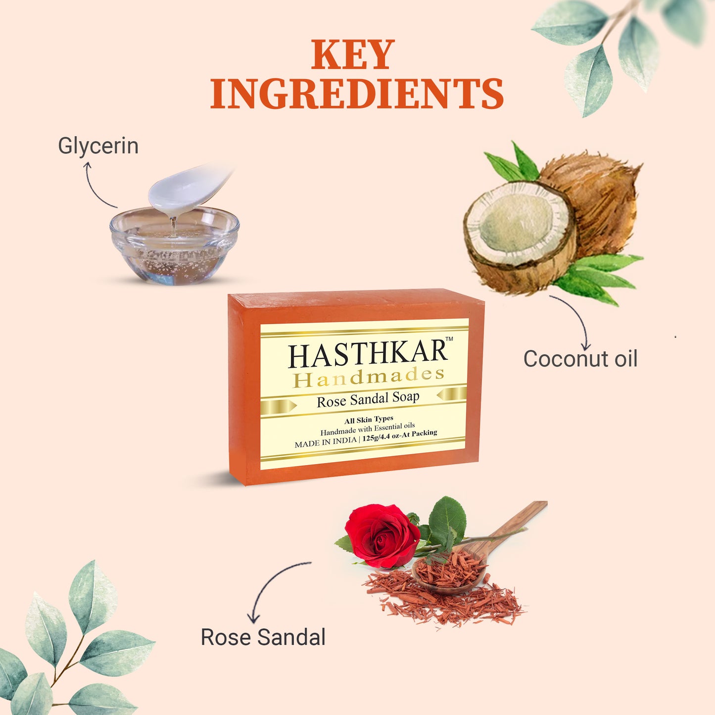 images of Hasthkar handmades rose sandal bathing soap key ingredients