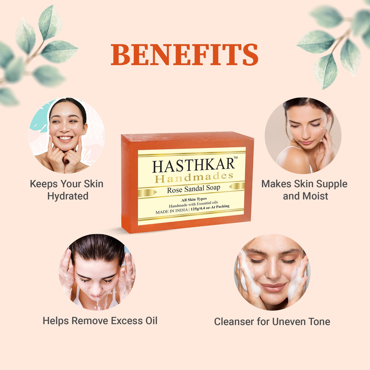 Hasthkar handmades rose sandal bathing soap men and women glowing skin