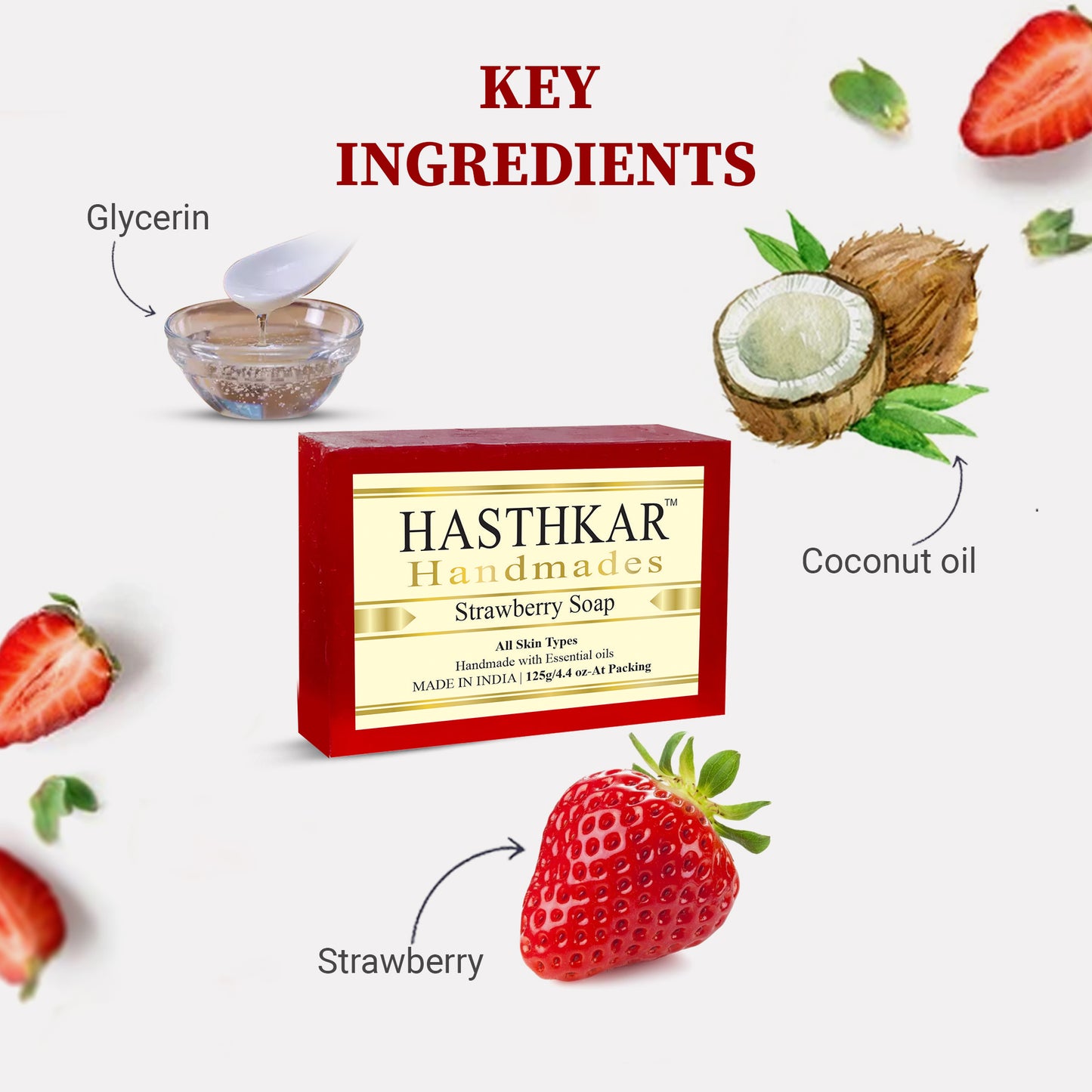 Images of Hasthkar Handmades strawberry bath soap key ingredients
