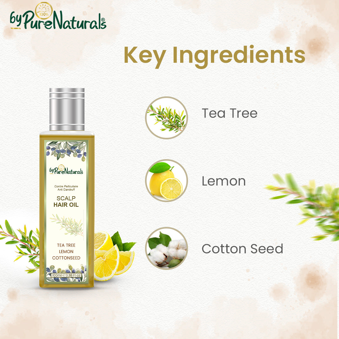 images of bypurenaturals 100% natural anti dandruff scalp hair oil natural key ingredients enriched with lemon tea tree and cottonseed