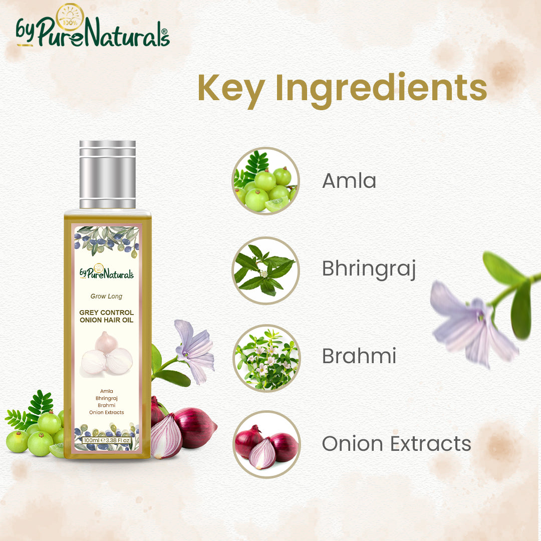 Images of bypurenaturals 100% natural grey control onion hair oil natural key ingredients