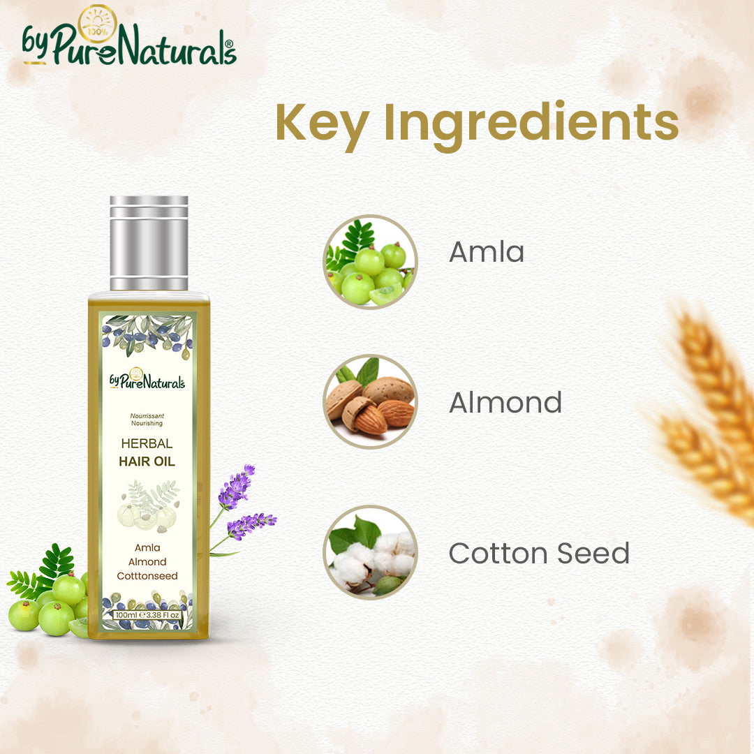 images of bypurenaturals 100% natural herbal hair oil natural key ingredients enriched with amla almond and cottonseed