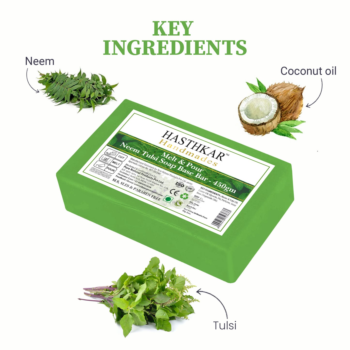 Hasthkar Handmades Soap Base Bar Neem Tulsi 450gm Pack of 2-3