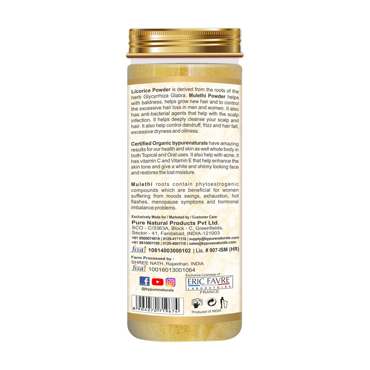 Organic Mulethi licorice powder bypurenaturals jar with certification and uses