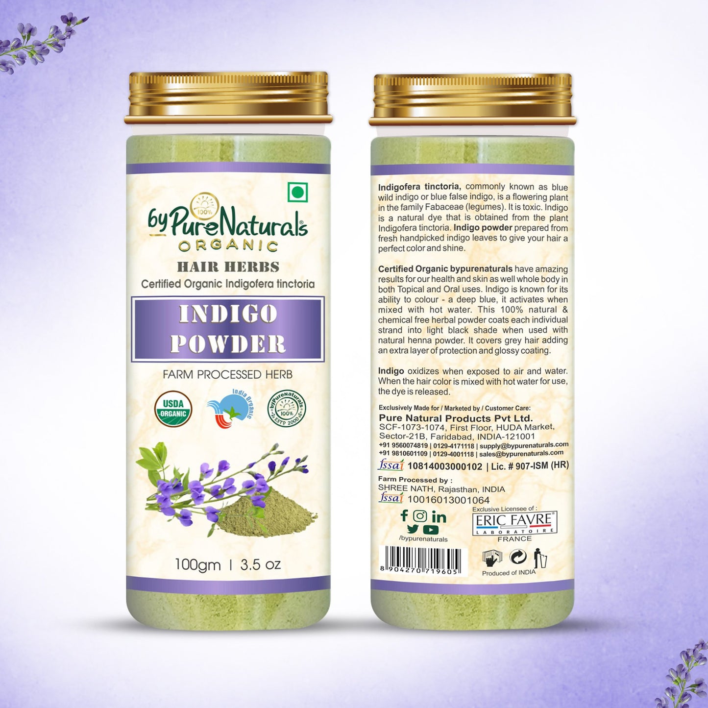 front and back photo of bypurenaturals indigo herb neel patti powder