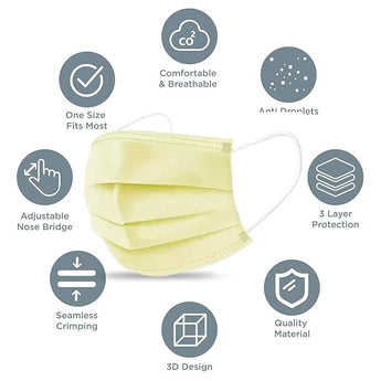 byPureNaturals Non Wooven Unisex 3 Ply Protective Disposable Face Mask with Nose Clip (Pack of 10, Yellow) - BuyPureNaturals