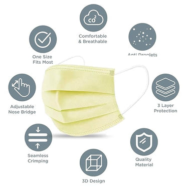 byPureNaturals Non Wooven Unisex 3 Ply Protective Disposable Face Mask with Nose Clip (Pack of 10, Yellow) - BuyPureNaturals