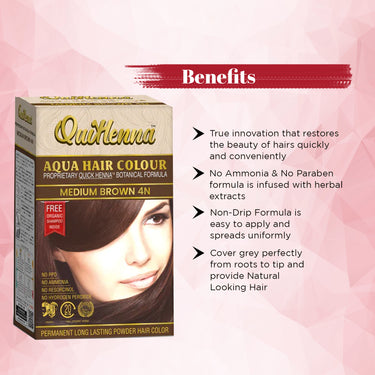 QuikHenna AQUA Powder Hair Color- 110Gm- 4N Medium Brown - BuyPureNaturals