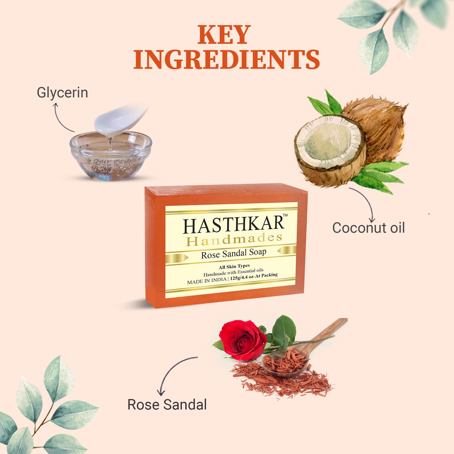 images of Hasthkar handmades rose sandal bathing soap key ingredients 