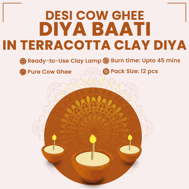 byPureNaturals Desi Cow Ghee Diya Baati in Terracotta Clay Diya For Pooja - 12pcs - BuyPureNaturals