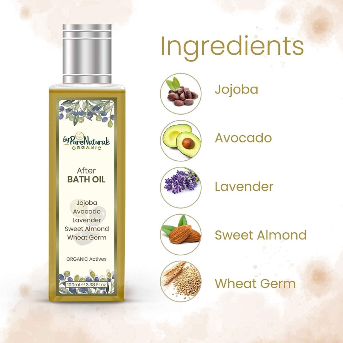 Image of bypurenaturals 100% natural after bath body massage oil natural key ingredients 