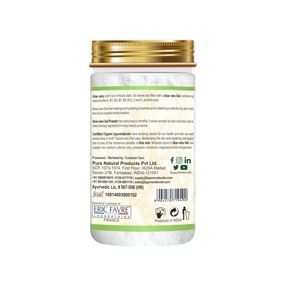 organic aloe vera gel powder box with label showing benefits