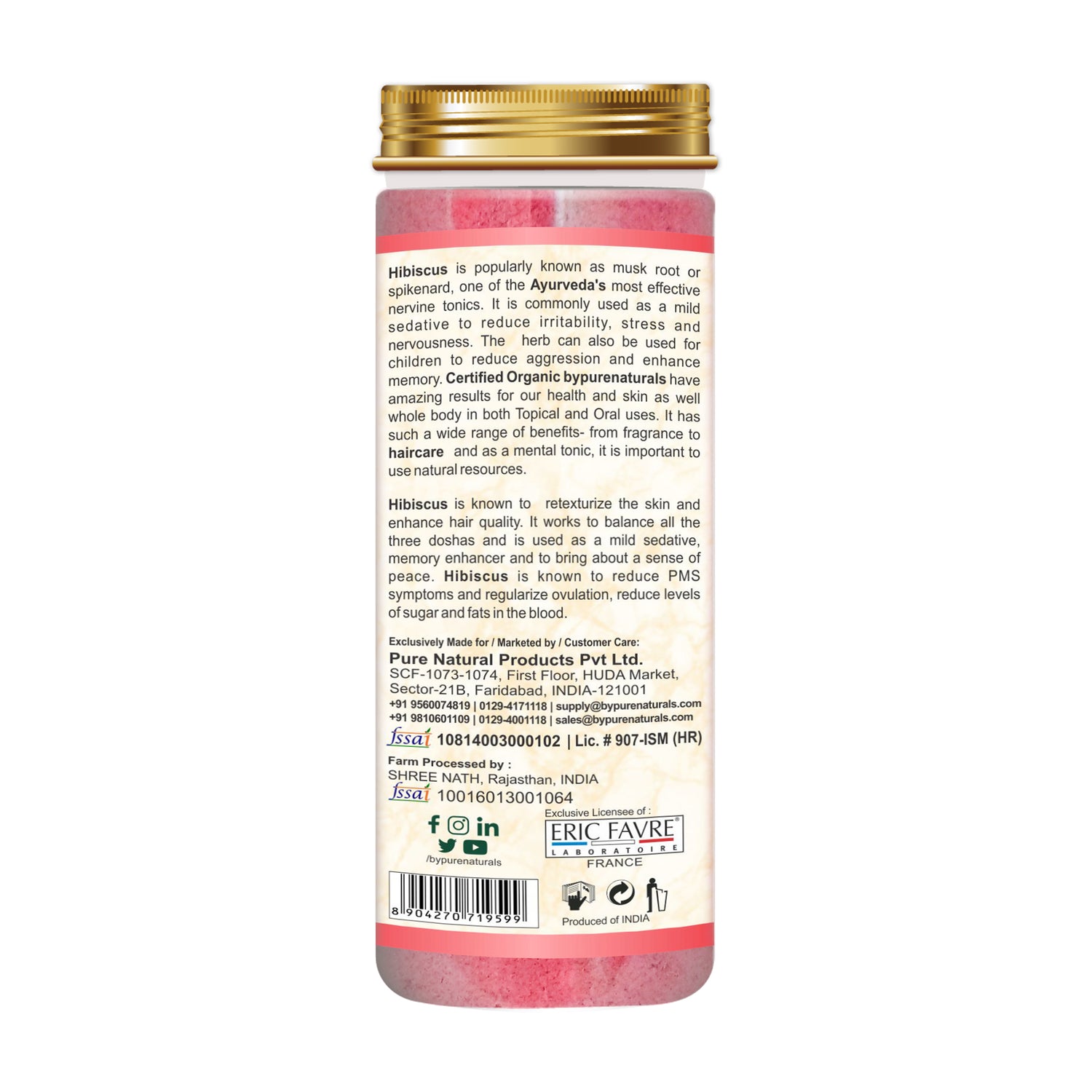 organic hibiscus rosa sinensis powder jar with ingredients list. Benefits of using hibiscus powder are listedOrganic Hibiscus Powder byPureNaturals-5