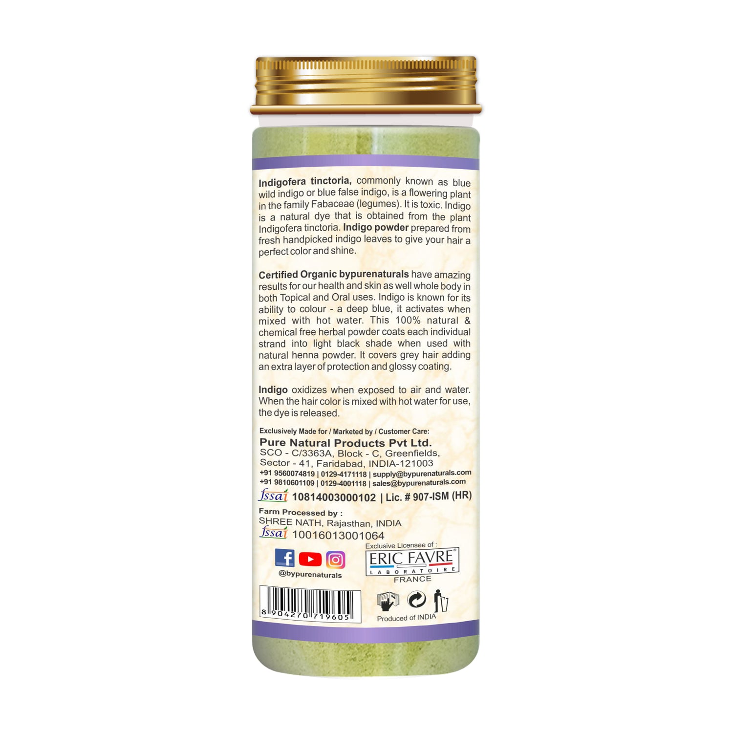 Information label of bypurenaturals indogo herb neel patti powder